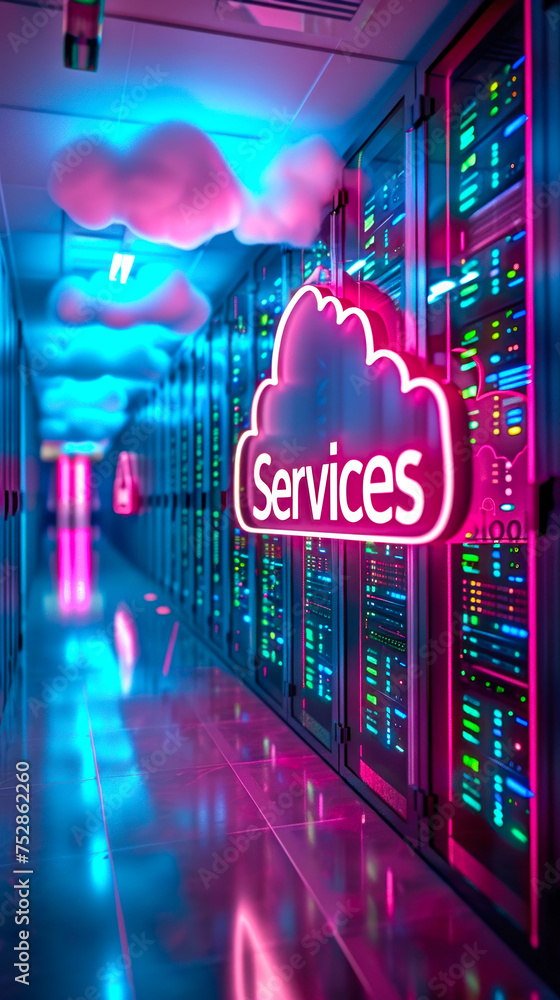 Poster neon cloud services sign floating over a server room filled with data racks, symbolizing modern clou