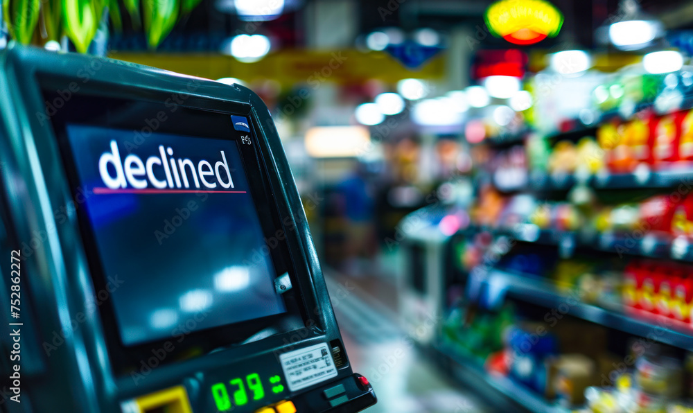 Poster close-up view of a payment terminal screen displaying declined message in a grocery store, symbolizi