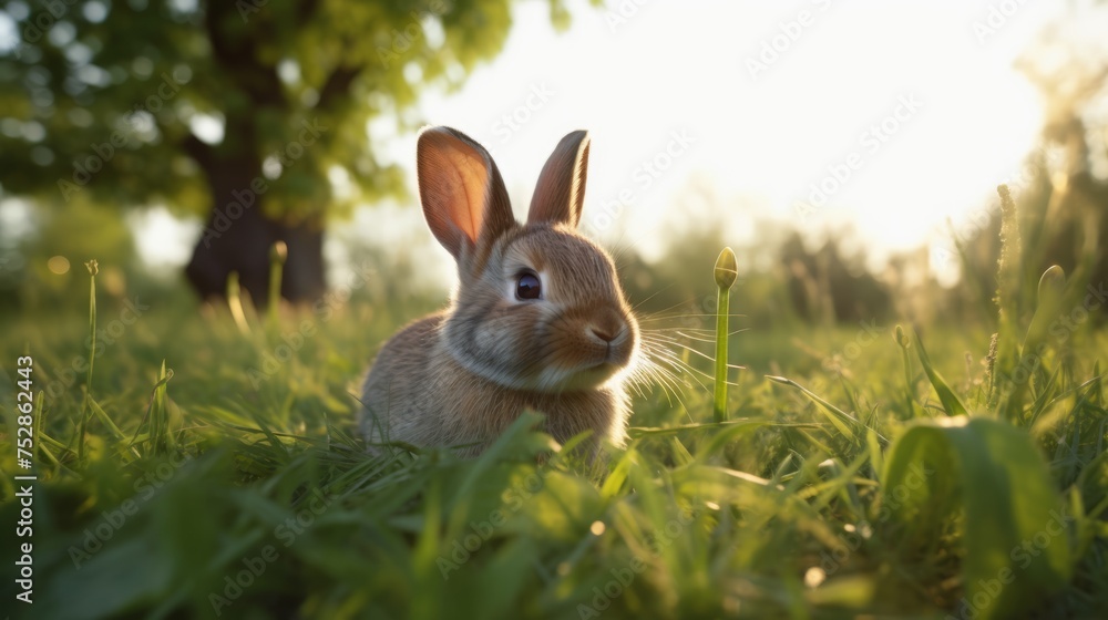 Wall mural Charming Bunny in the Grass: A Serene Moment in the Meadow - Wall murals