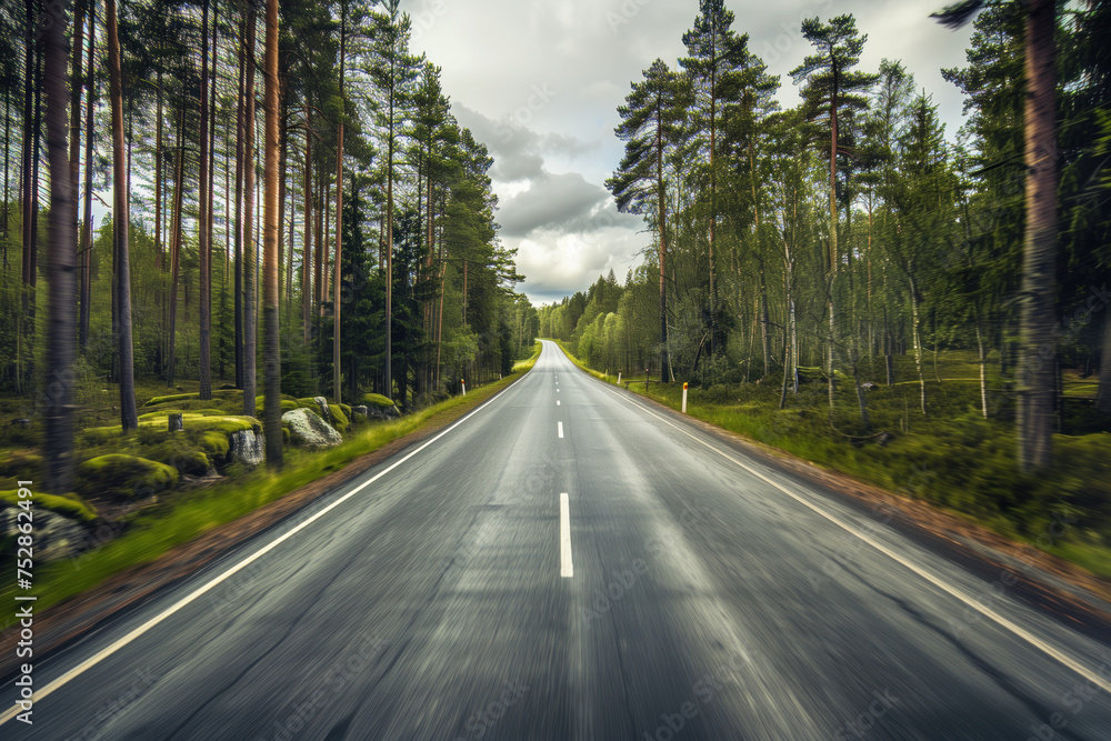 Poster driving with high speed on the road through swedish landscape. morion blur. pov. created with genera