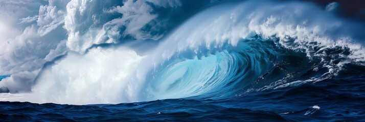 Gigantic colossal ocean wave crashing dramatically under the vast clear blue sky - obrazy, fototapety, plakaty