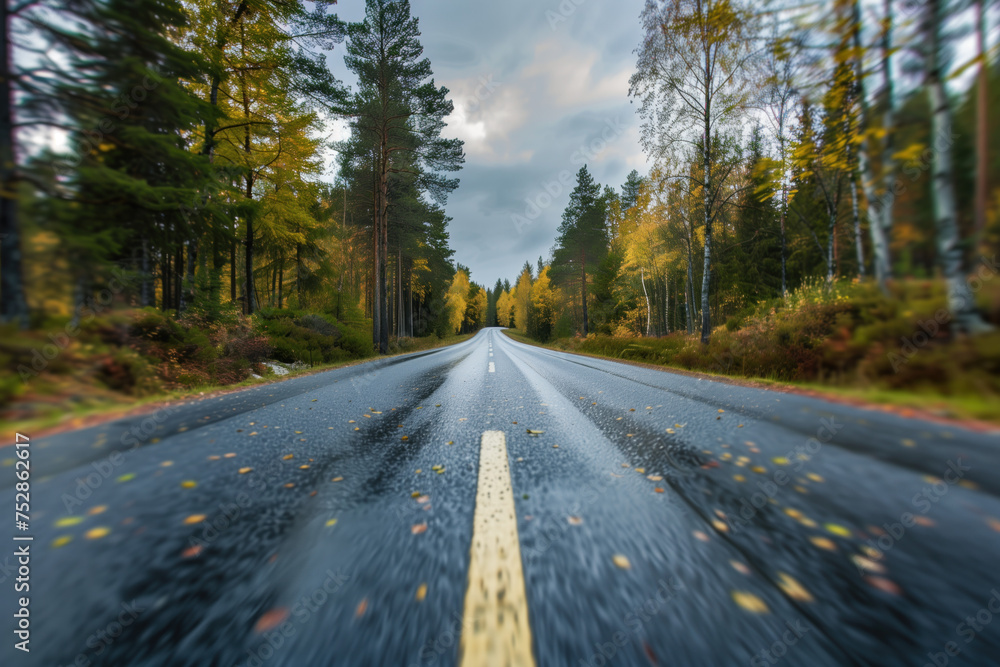 Poster driving with high speed on the road through swedish landscape. morion blur. pov. created with genera