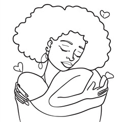 an african person hugging herself, vector illustration line art