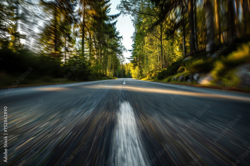 Poster driving with high speed on the road through swedish landscape. morion blur. pov. created with genera