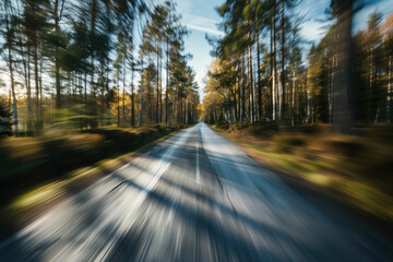 Driving with high speed on the road through Swedish landscape. Morion blur. POV. Created with Generative AI technology.