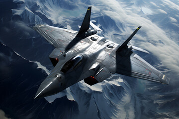 military Fighter jet flying over the mountains - obrazy, fototapety, plakaty