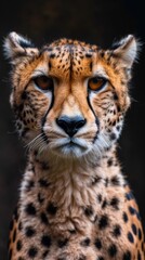 a cheetah close-up portrait looking direct in camera with low-light, black backdrop