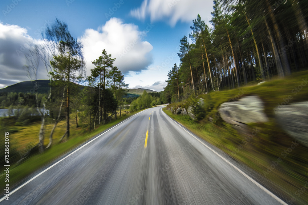 Poster driving with high speed on the road through swedish landscape. morion blur. pov. created with genera