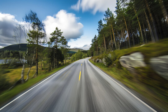 Driving with high speed on the road through Swedish landscape. Morion blur. POV. Created with Generative AI technology.