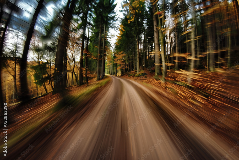 Aufkleber driving with high speed on the road through swedish forest. morion blur. pov. created with generativ
