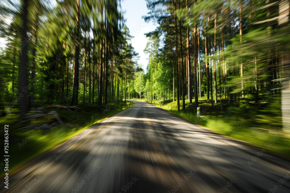 Poster driving with high speed on the road through swedish landscape. morion blur. pov. created with genera