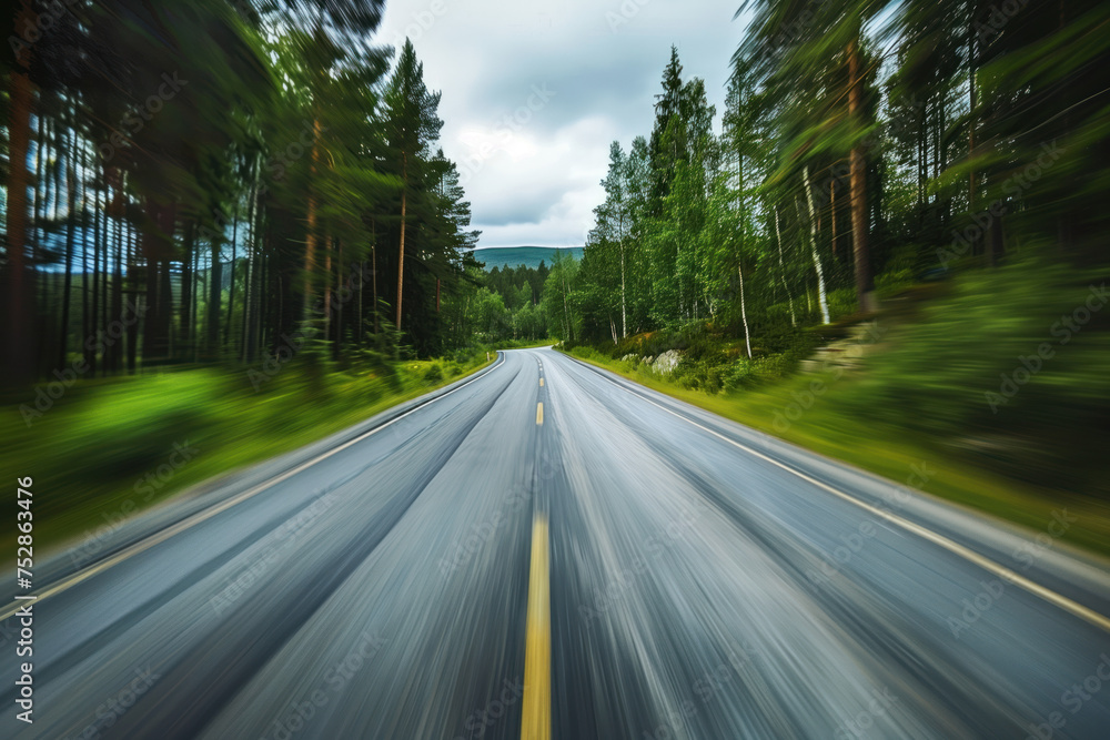 Poster driving with high speed on the road through swedish landscape. morion blur. pov. created with genera