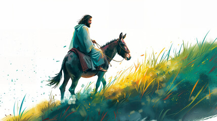 A serene illustration of Jesus riding a donkey, capturing the essence of Palm Sunday in a bright watercolor style.