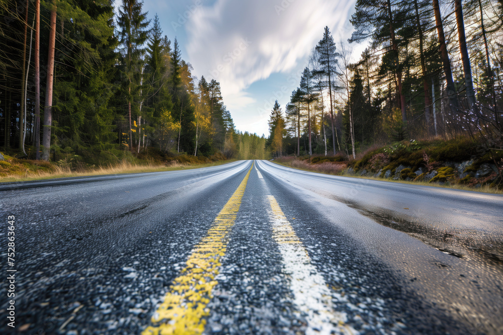 Poster driving with high speed on the road through swedish landscape. morion blur. pov. created with genera