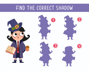 Find the right shadow. Game for children. Cute girl witch in magic hat on white background. Halloween and wizard school. Vector illustration.