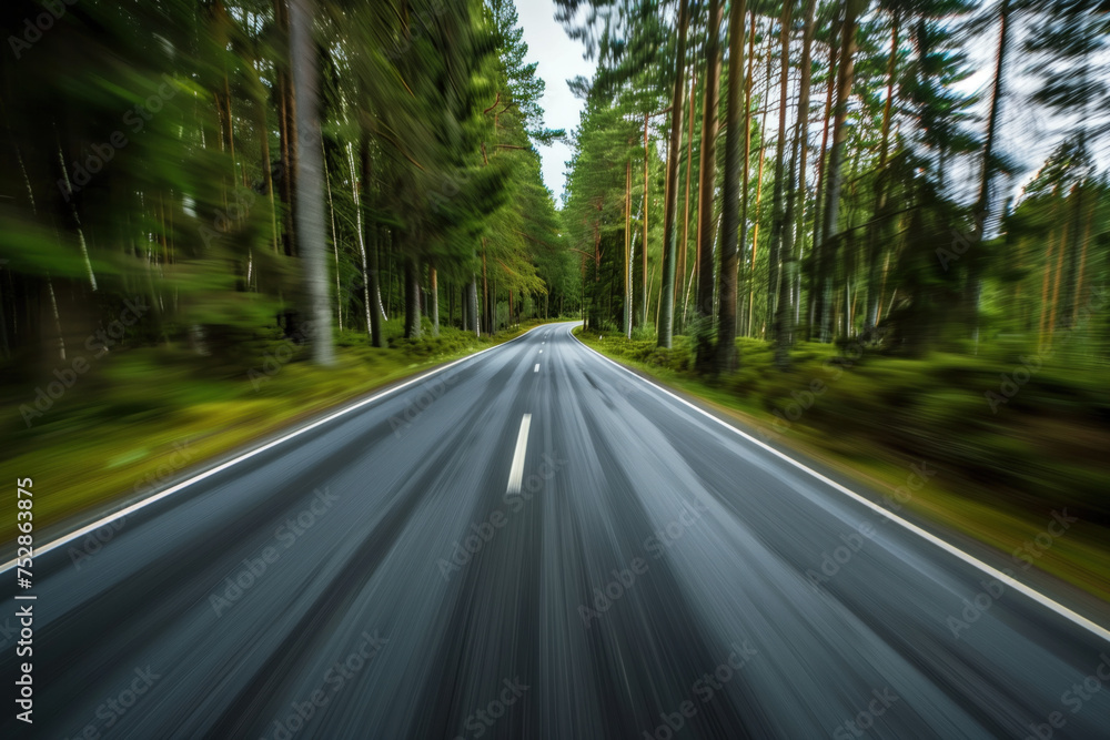 Poster driving with high speed on the road through swedish landscape. morion blur. pov. created with genera