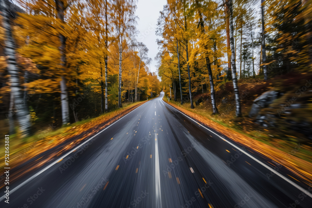 Poster driving with high speed on the road through swedish landscape. morion blur. pov. created with genera