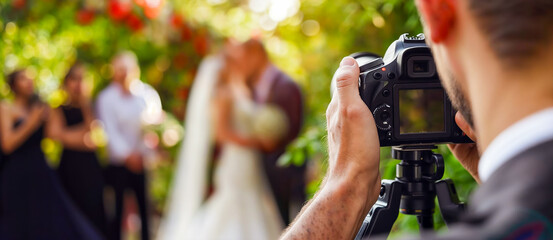 un photographe professionnel à un mariage, gros plan sur l'appareil photo, écran visible