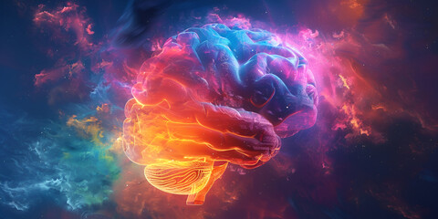 A mesmerizing visual representation of the boundless potential of the human brain Brain explosion with multicolored dust on a dark background - obrazy, fototapety, plakaty