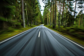 Fototapeta premium Driving with high speed on the road through Swedish landscape. Morion blur. POV. Created with Generative AI technology.