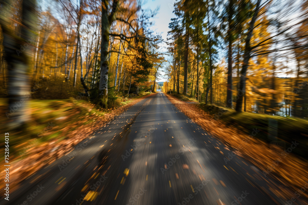 Poster driving with high speed on the road through swedish landscape. morion blur. pov. created with genera