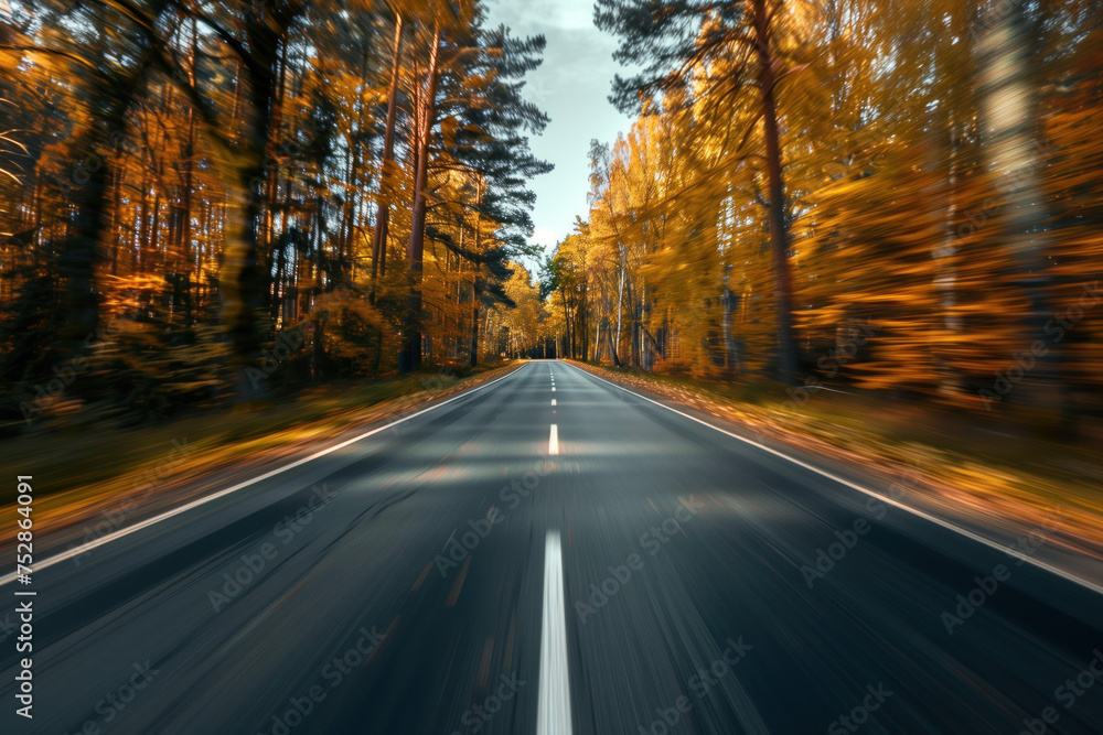 Poster driving with high speed on the road through swedish landscape. morion blur. pov. created with genera