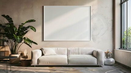 The Interior Decoration features a Rectangular Frame Poster Mockup displayed on a Concrete Wall alongside a Big Gray Sofa