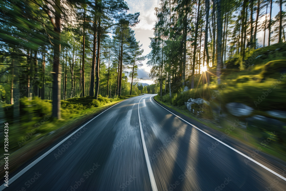 Poster driving with high speed on the road through swedish landscape. morion blur. pov. created with genera