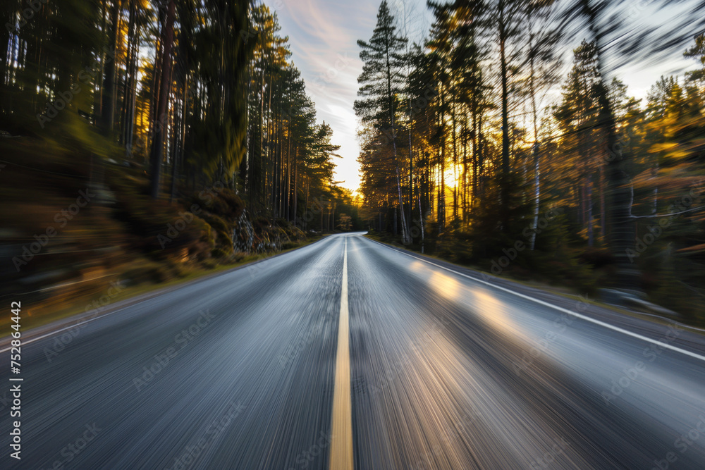 Poster driving with high speed on the road through swedish landscape. morion blur. pov. created with genera