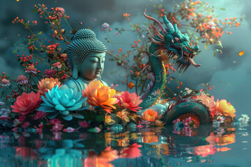 cartoon buddha with colorful flowers and a cartoon dragon