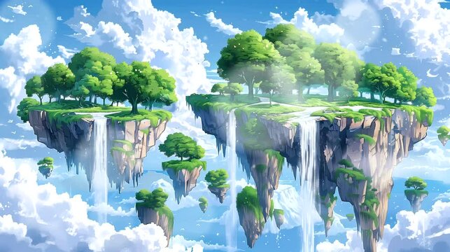 A surreal landscape with floating islands and waterfalls. Fantasy landscape anime or cartoon style, looping 4k video animation background