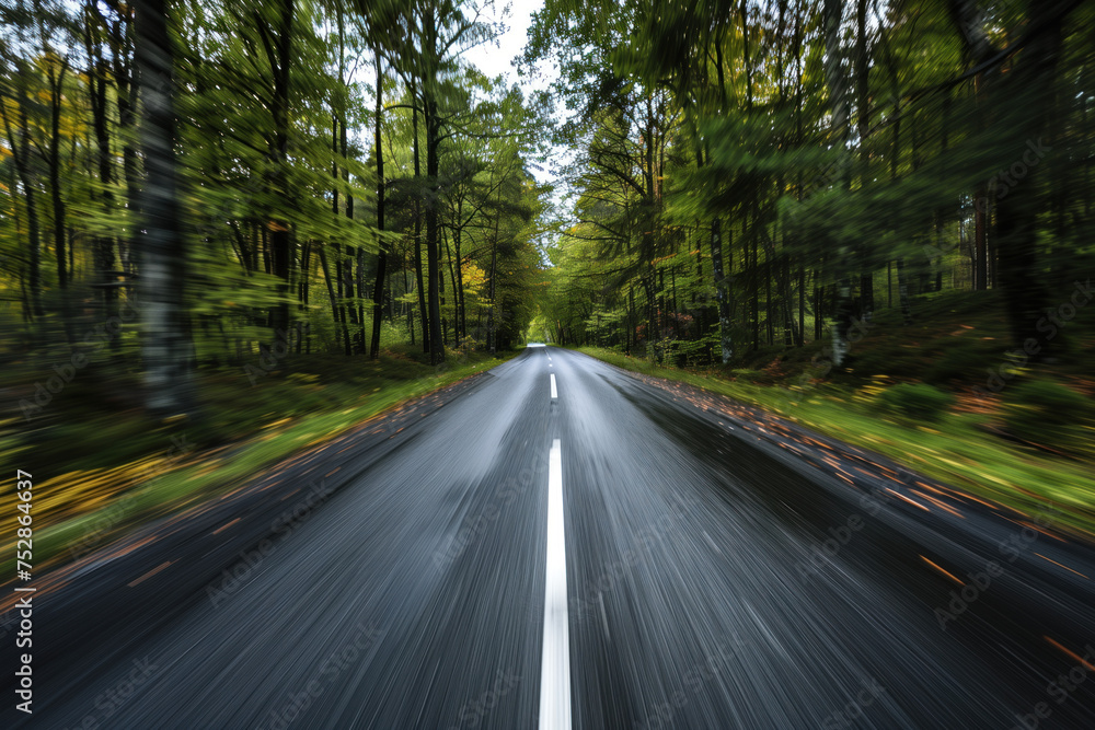 Poster driving with high speed on the road through swedish landscape. morion blur. pov. created with genera