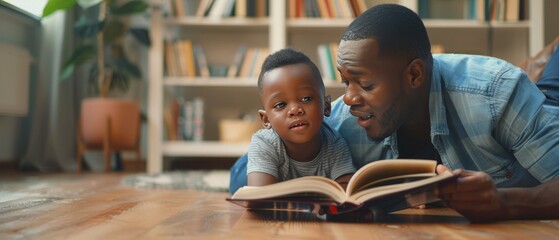 Father and son reading a book - obrazy, fototapety, plakaty