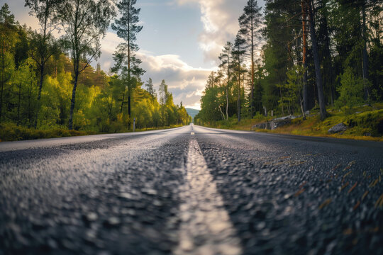 Driving with high speed on the road through Swedish forest. Morion blur. POV. Created with Generative AI technology.