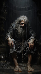 Portrait of an old man with a long gray beard and mustache in a black cloak with chains in a dark room