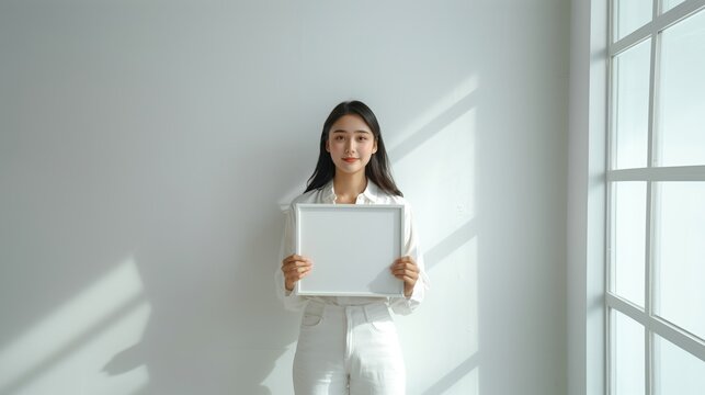 A girl is holding a white blank sign with space for your text.