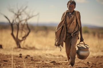 An African teenager walks down the road with large water containers to get clean water. A symbol of water shortage and drought. - obrazy, fototapety, plakaty