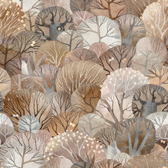 Childish illustration. Watercolor background. Night forest. Cute park. Decor for a children room. Brown forest.