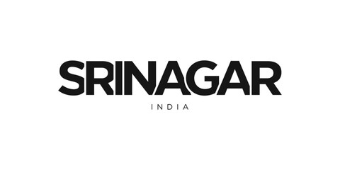 Srinagar in the India emblem. The design features a geometric style, vector illustration with bold typography in a modern font. The graphic slogan lettering.
