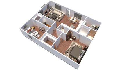 3D Floor Plan for 2 Bedroom ,bathroom, Living Room, Office, Kitchen Interior Design. 