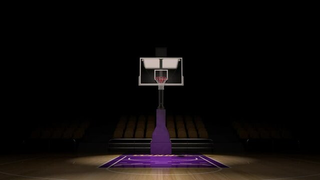 Lights turning on at empty yellow and purple basketball court. Camera zoom. 3d rendering.