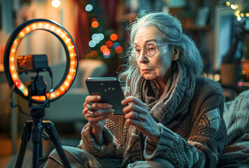 Senior Woman blogger with Smartphone and LED Ring Light