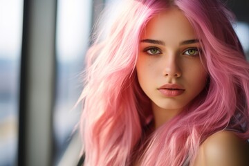 A trendy teenage girl, approximately 18 years old, of Hispanic descent, with pink-colored locks cascading down her shoulders, adding a pop of color to her look