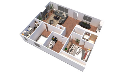 3D Floor Plan for 2 Bedroom ,bathroom, Living Room, Office, Kitchen Interior Design. 