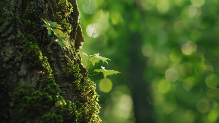 Fototapeta na wymiar Sunlight dappled through leaves illuminates new growth on an old tree's trunk.