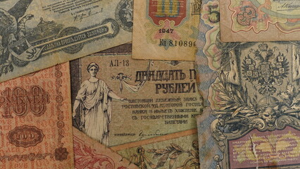 Fototapeta na wymiar Background from old money of Imperial Russia. 19 - 20 century . Lenin Banknote . Old rubles