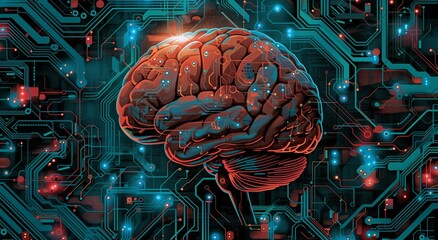 Artificial intelligence technology training and development concept with digital human brain connected to electronic board.