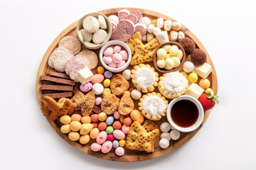 Easter sweet charcuterie board with chocolate eggs, candies, cookies and marshmallows on white background. Top view.