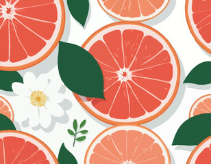 Isolated colored half of juicy pink grapefruit with white flower, green leaf and shadow on white background. Realistic
