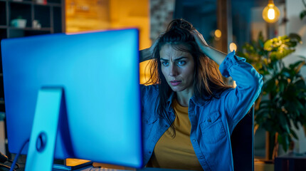 femme de face qui se tire les cheveux devant un écran d'ordinateur à cause d'un problème informatique - obrazy, fototapety, plakaty